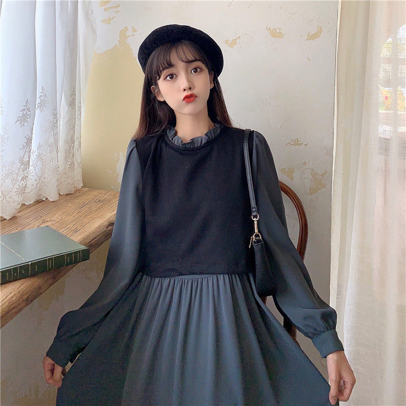 [LININ] Đầm Dài Tay Lửng Giả Hai Mảnh Phong Cách Retro Thời Trang Thu Đông Kiểu Mới Kích Thước Lớn Phong Cách Pháp Dành Cho Bạn Nữ Tem