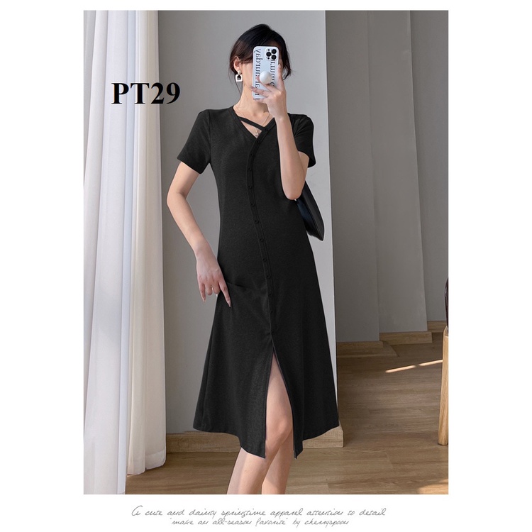 Đầm body bầu cúc giả, xẻ tà chân váy 2 màu