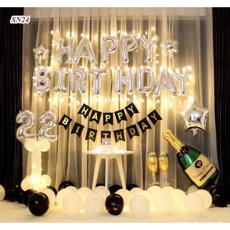 Set Bóng Happy Biryhday màu bạc Đèn led 40 Bóng Phối Màu tặng Bơm Keo