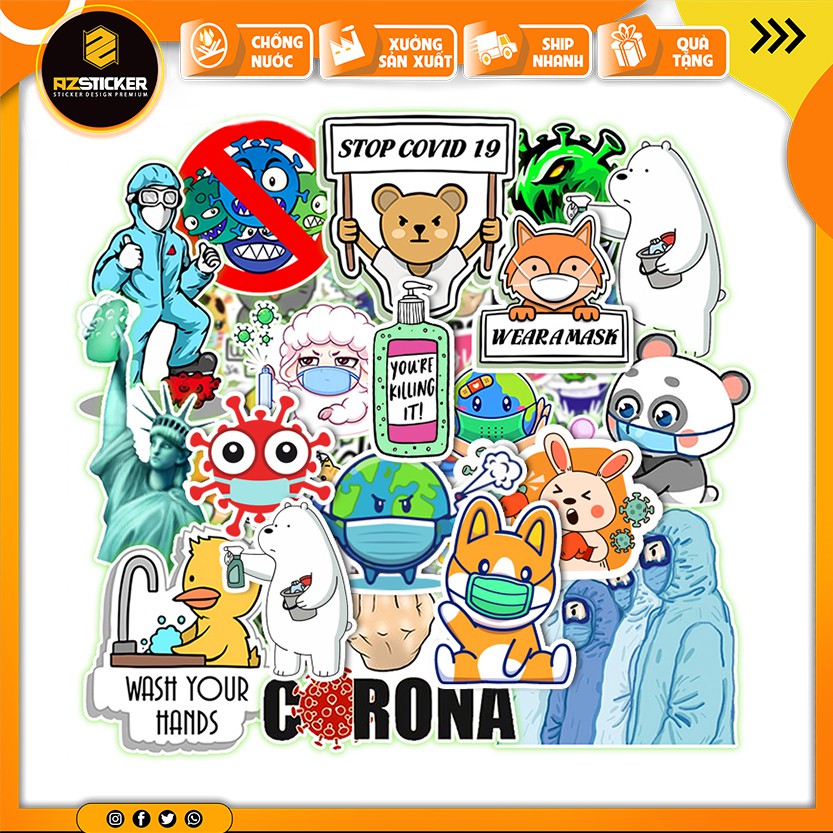Sticker Dán Laptop, Dán Điện Thoại | Sticker Chủ Đề Phòng Chống Virus Co Ro Na