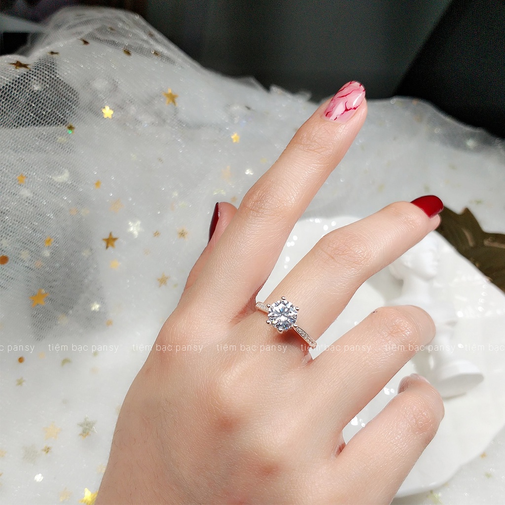 Nhẫn bạc nữ PANSY 6 chấu viền đá, nhẫn nữ bạc thật đính đá cao sang trọng