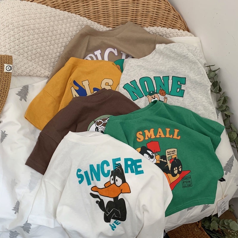 Áo Thun Cotton Trơn Tay Ngắn Cổ Tròn In Chữ Hoạt Hình Dành Cho Trẻ Em