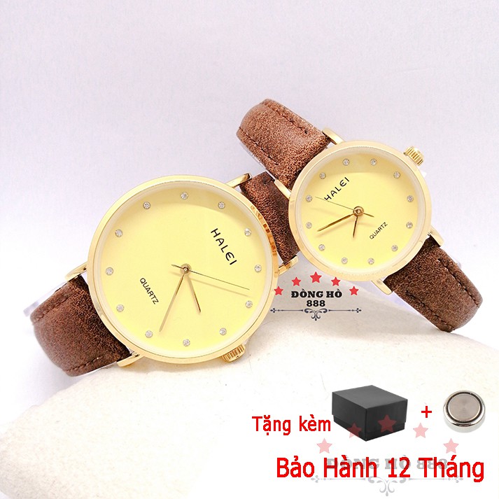 Đồng hồ cặp nam nữ Halei máy Nhật dây da chống ghỉ chống nước chống xước mặt tròn 26mm 38mm có hộp tặng pin bảo hành 542