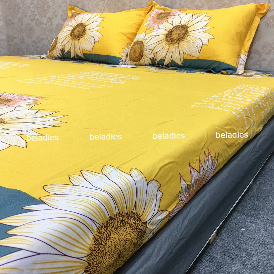 Chăn Ga chun bọc đệm poly cotton kèm vỏ gối mẫu hoa hướng dương