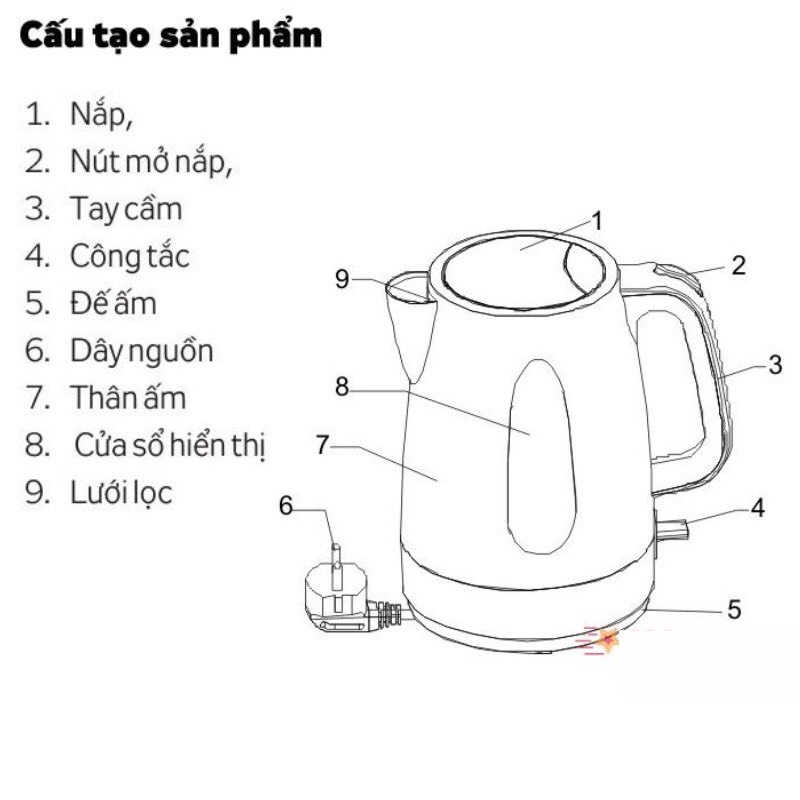 Ấm đun nước siêu tốc inox cao cấp 1.8L, bình đun nước nóng