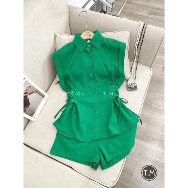 Set áo thắt nơ eo + short.