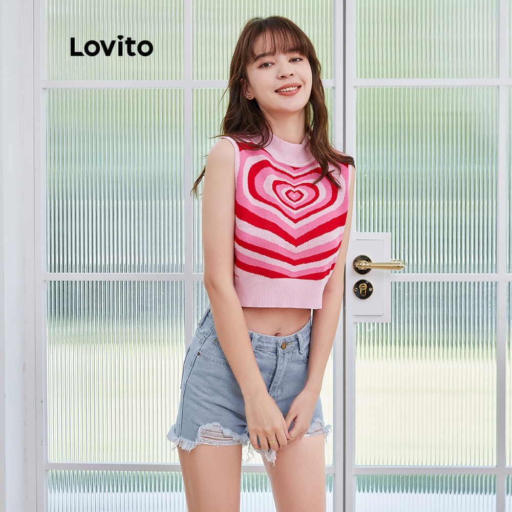 Áo Lovito cổ tròn không tay in họa tiết trái tim dáng ôm thời trang thường ngày cho nữ L04160 (màu hồng)