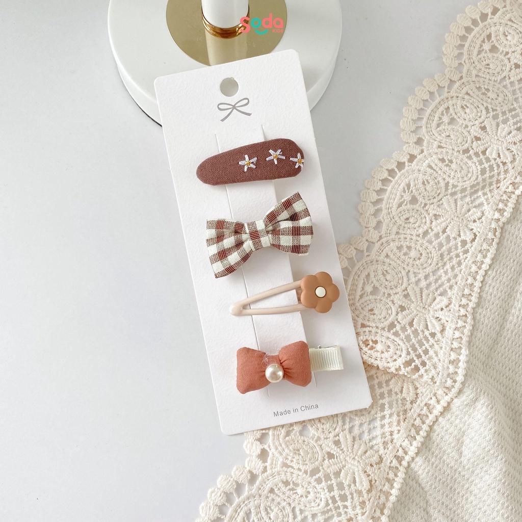 Set 4 kẹp tóc bé gái tone nâu vintage Soda kids phong cách tiểu thư, Hàn Quốc