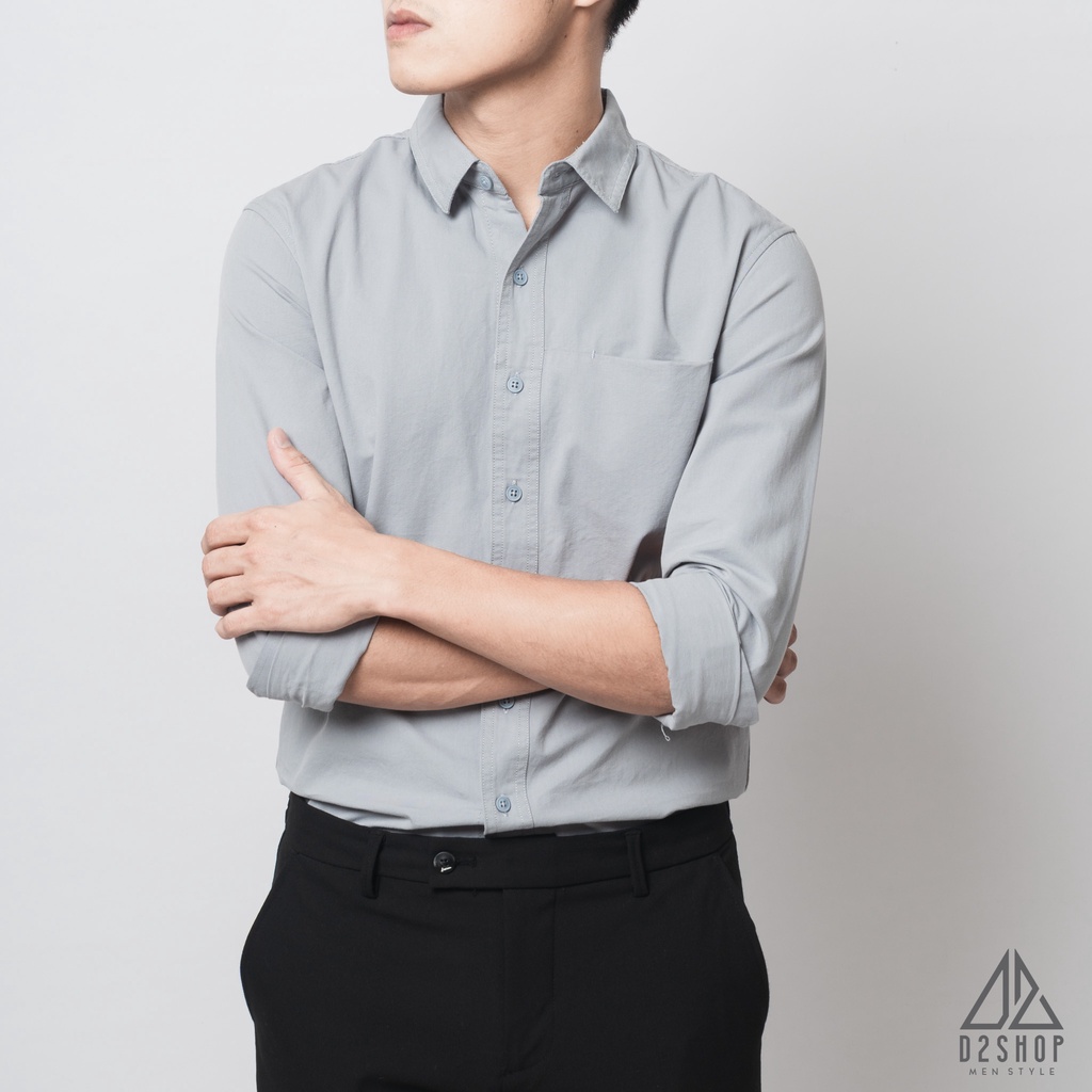 Áo sơ mi nam D2shop, áo sơ mi dài tay nam, vải xéo, túi mổ, màu xanh dương