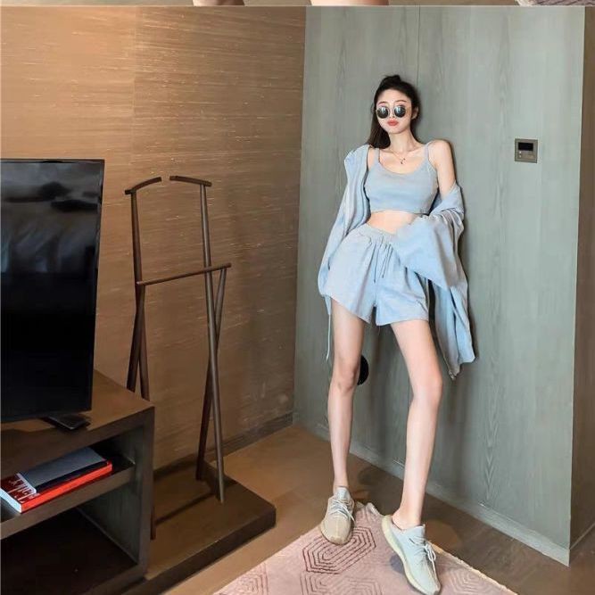 Mùa hè phong cách mới lưới màu đỏ trắng bộ đồ thể thao nữ áo khoác + vest quần short thời trang giản dị Hương vị