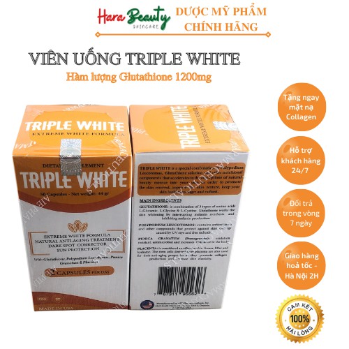 Hỗ trợ đẹp da, viên uống trắng da Triple White nhập khẩu chính hãng Mỹ - hộp 50 viên