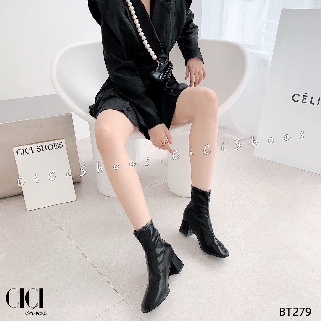 Giày Boot thời trang nữ CiCi Shoes gót vuông 5cm, bốt da lì cổ cao ôm sát - BT279