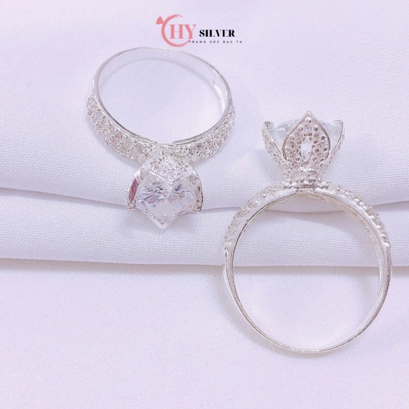 Nhẫn bạc ta nạm đá cao nhẫn công chúa hình bông hoa tuy líp tuylip nhẫn nữ bạc thật giá rẻ CHY Silver