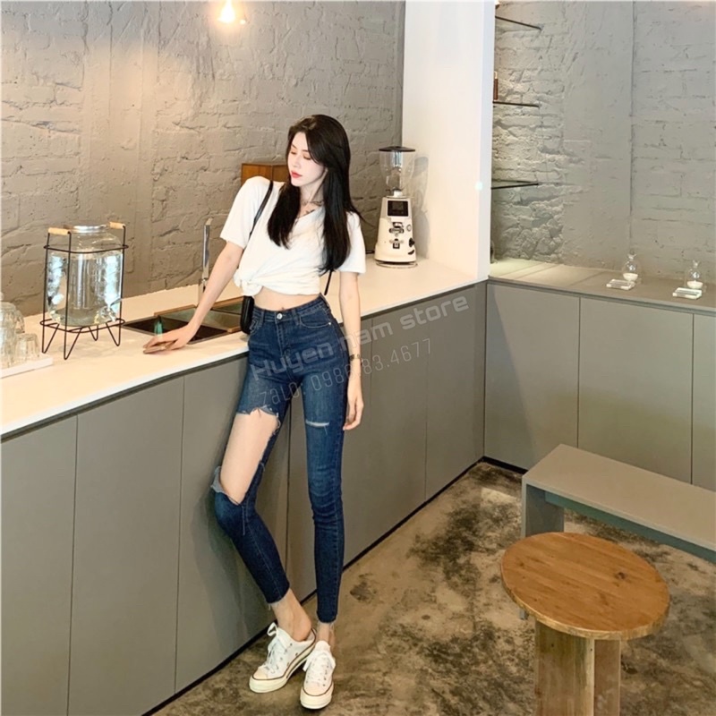 Quần jean nữ xẻ rách - quần dài 90cm cạp cao ôm dáng