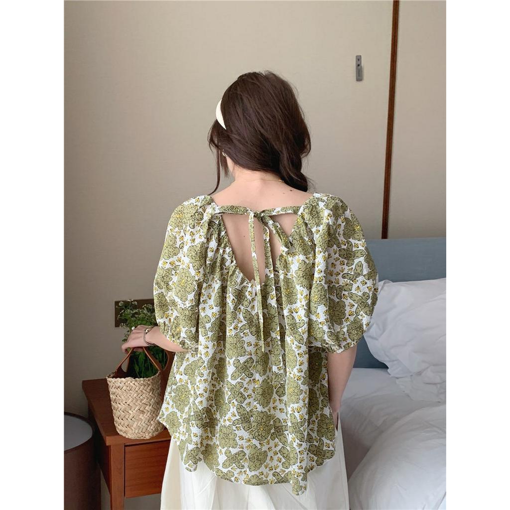 Áo Sơ Mi Ngắn Tay Cổ Tròn Thắt Dây Lưng Họa Tiết Hoa 52679