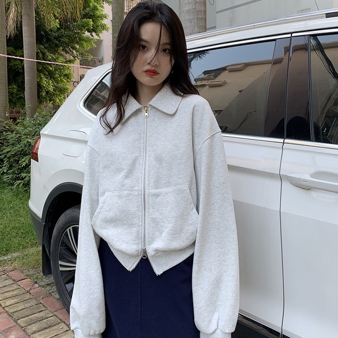 Áo cardigan ZHELIHANGFEI tay dài cổ polo lưng cao theo phong cách retro mỹ dễ phối đồ