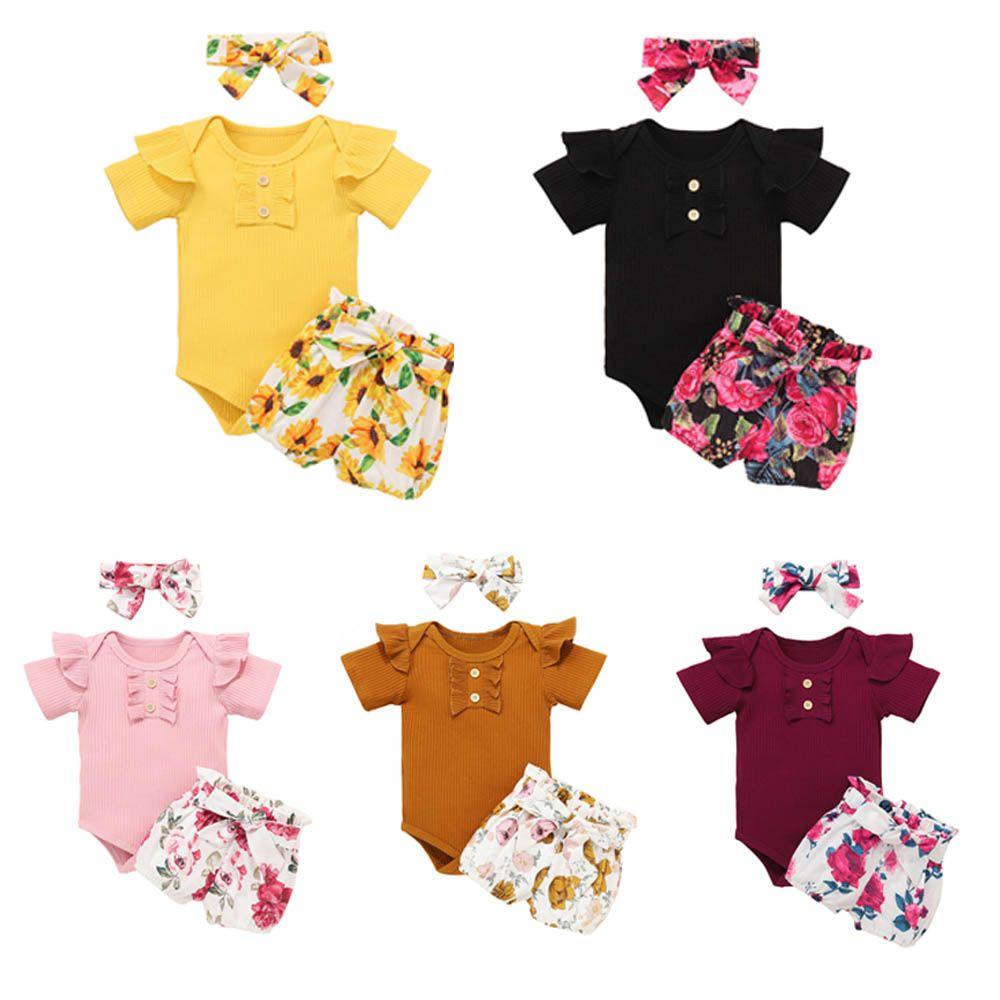 Bộ Áo Liền Quần Ngắn Tay + Quần Sooc + Băng Đô In Họa Tiết Xinh Xắn Cho Bé Gái