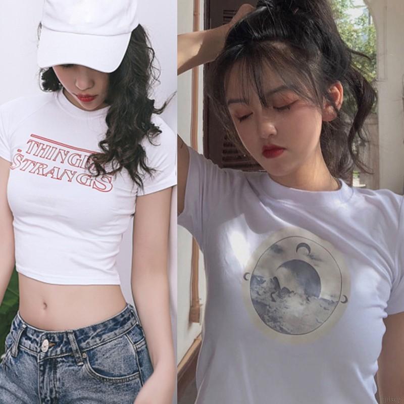 Áo Thun Lưng Tay Ngắn Cổ Tròn Dáng Ôm In Hình Thời Trang Kiểu Hàn Quốc