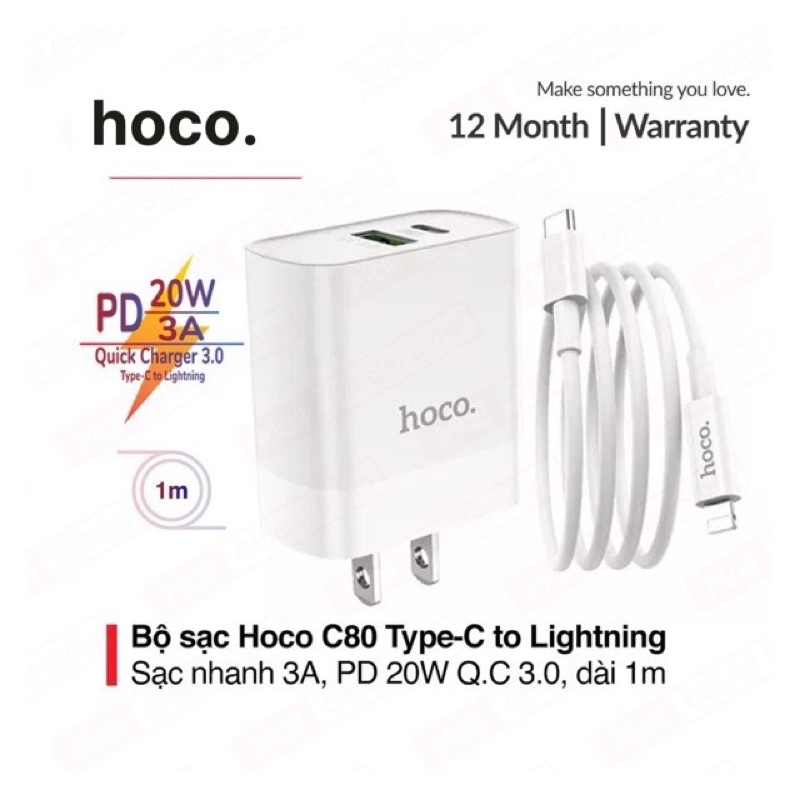 Bộ Sạc Nhanh IPhone 12/Android PD20W/QC3.0 Hoco C80 Chính Hãng 2 Cổng USB Và Type C Kèm Cáp Type C To Lightning PD 1M