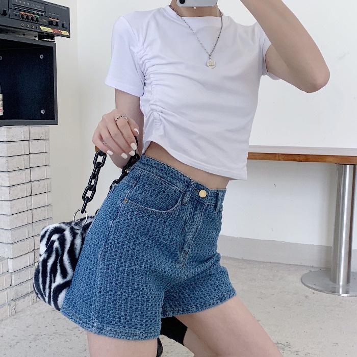 SUXI Quần short denim lưng cao dáng rộng phong cách hàn quốc dành cho nữ