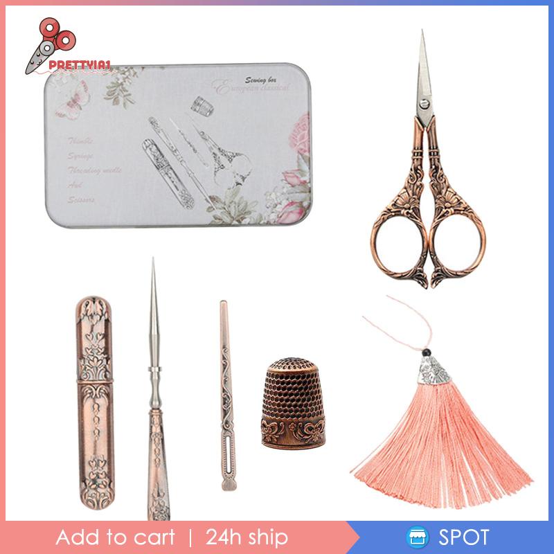 [Prettyia1] Bộ Dụng Cụ Thêu Cổ Điển Hoàn Chỉnh Thimble Awl Lily