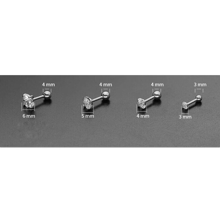 Khuyên đá zircon thép y tế không đen, chốt bi vặn