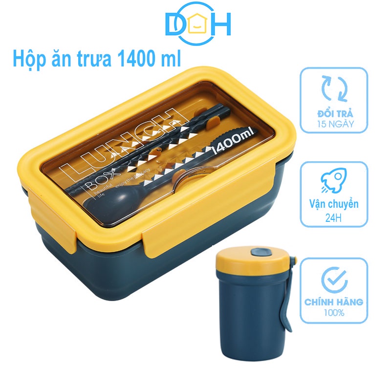 Hộp cơm văn phòng giữ nhiệt Lunch Box 1400ml tặng kèm muỗng thìa cao cấp an toàn sức khỏe sử dụng được lò vi sóng