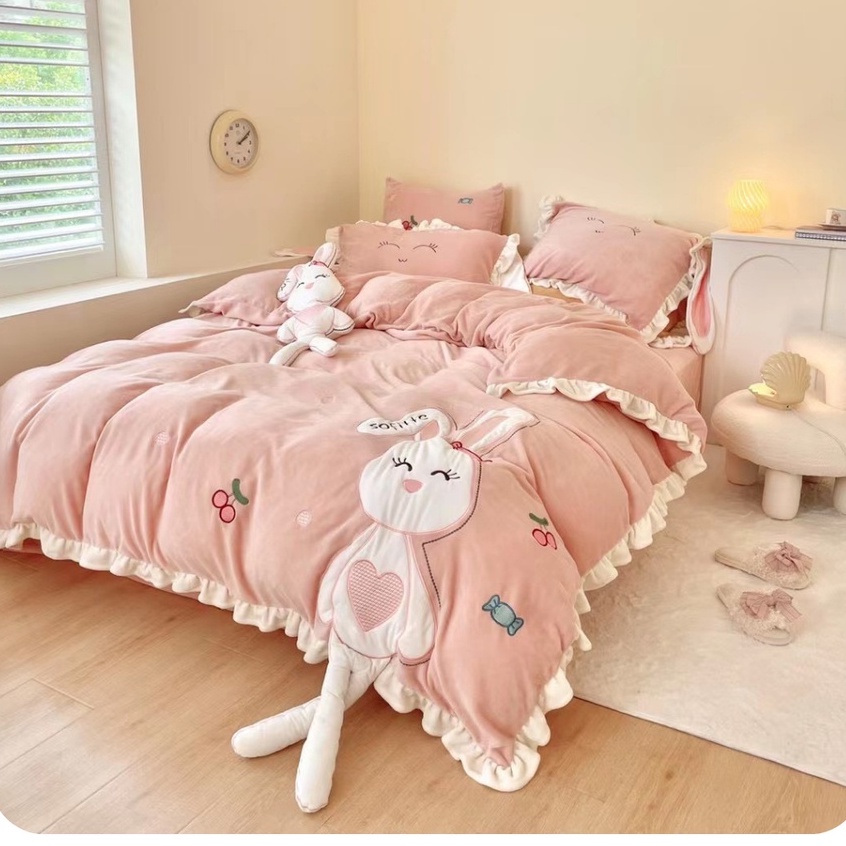 Bộ chăn ga gối nỉ nhung cao cấp, không tích điện tạo ấm nhanh bảo vệ sức khỏe sẵn hàng SHOP VŨ THỊ THƠM