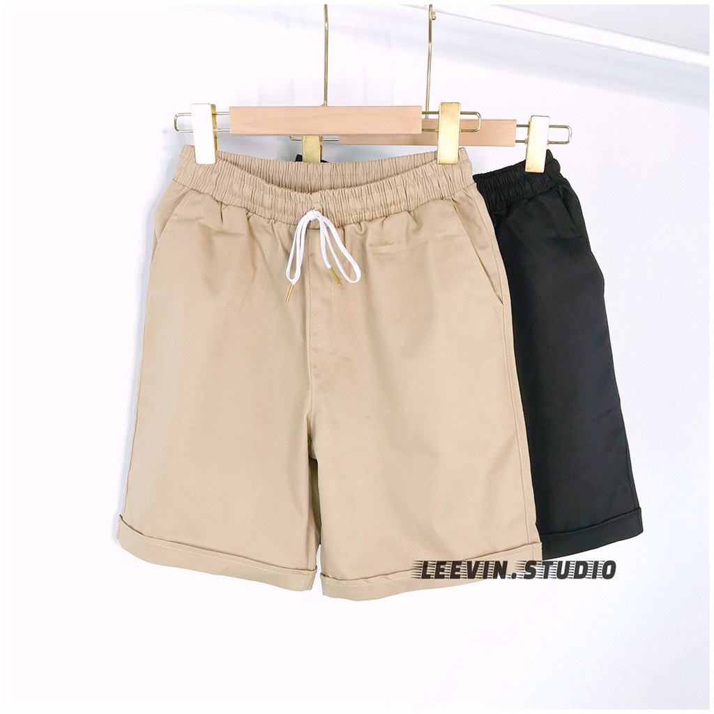 Quần Short Kaki Nam Nữ Basic Unisex - Quần đùi nữ Thun Kaki co dãn màu đen và be trơn.