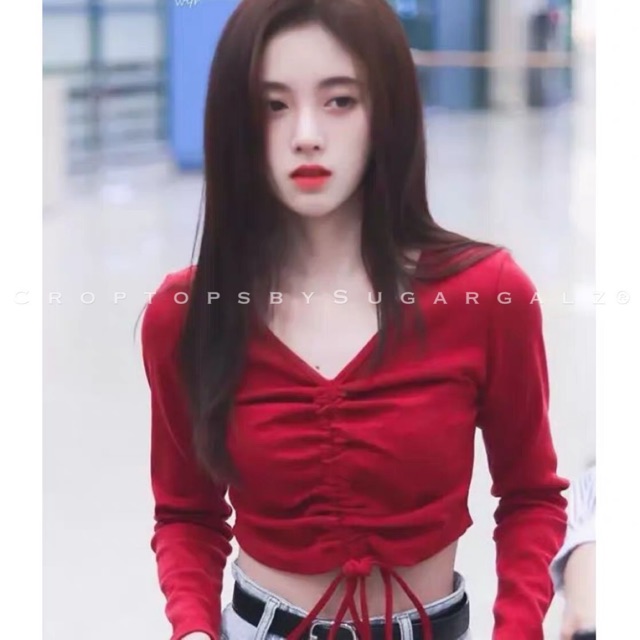 Croptop cổ tim dây rút điều chỉnh đỏ đô kèm nhiều màu tay dài - by SugarG