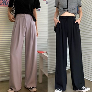 Quần Dài Lưng Cao Ống Rộng Màu Trơn Phong Cách Hàn Quốc