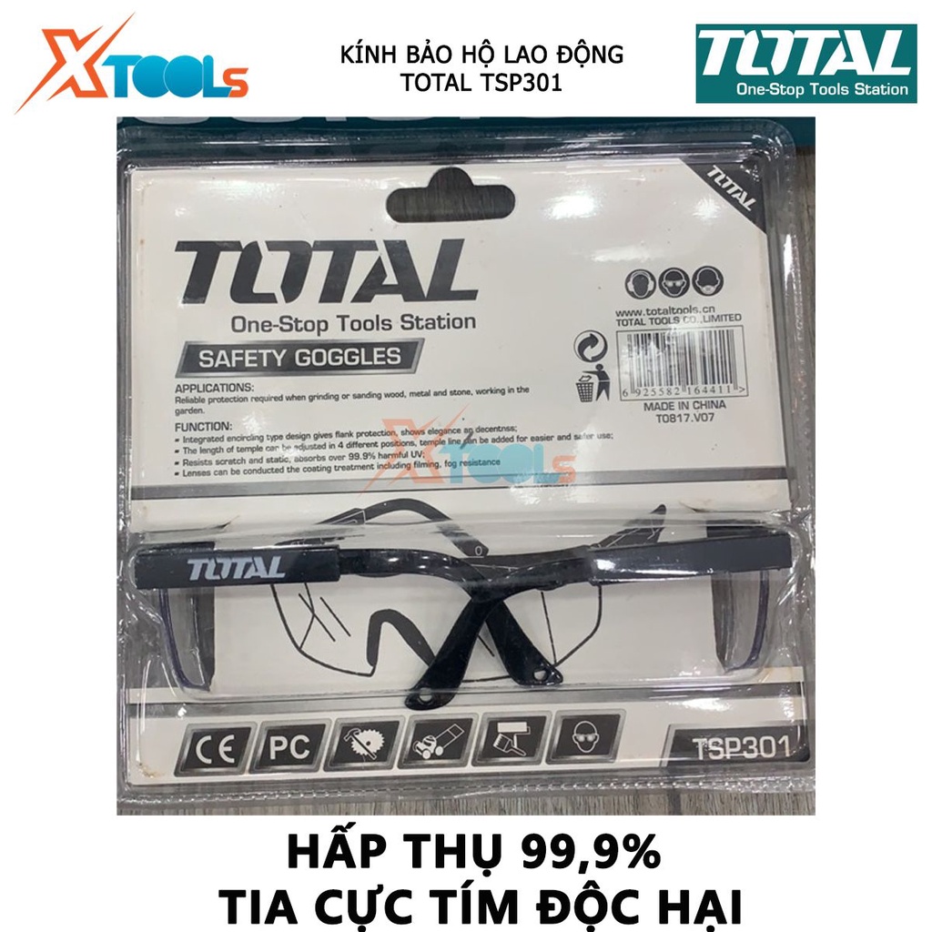 Kính bảo hộ lao động TOTAL TSP301 kính chống giọt bắn Chất liệu Polycarbonate, Hấp thụ 99.9% tia cực tím độc hại