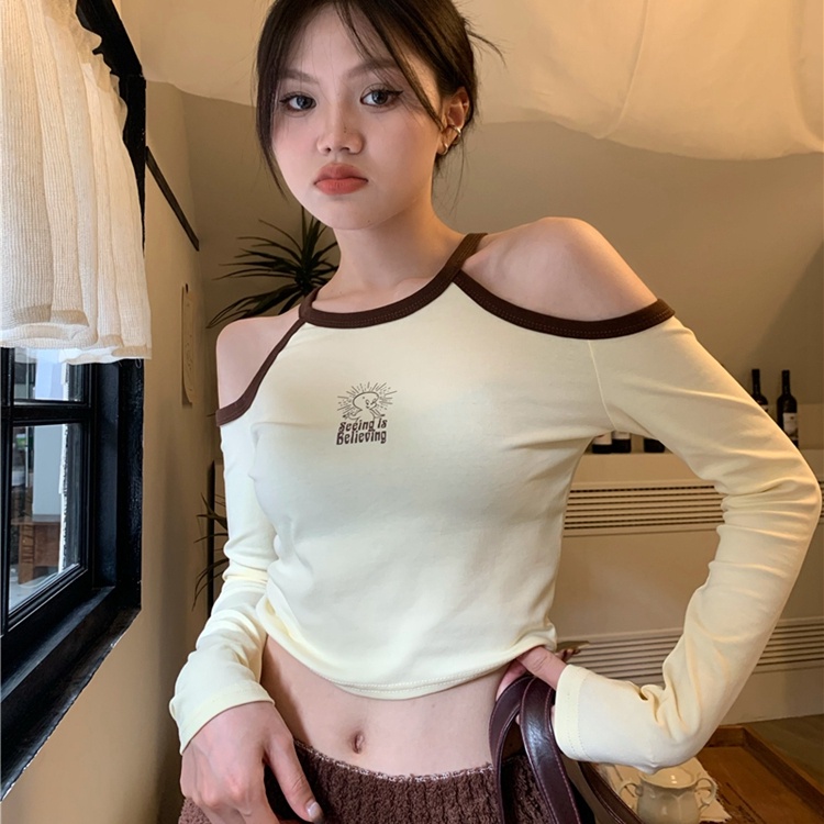 Áo thun SUXI tay dài trễ vai in họa tiết thời trang dành cho nữ