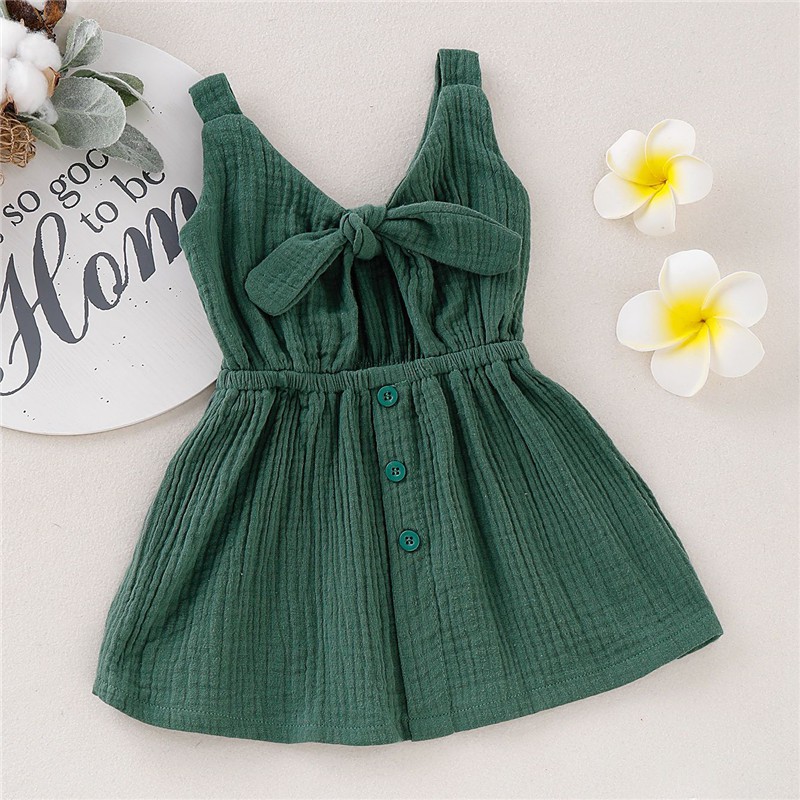 Đầm MIKRDOO cotton sát nách đính nơ thắt xinh xắn dành cho bé gái