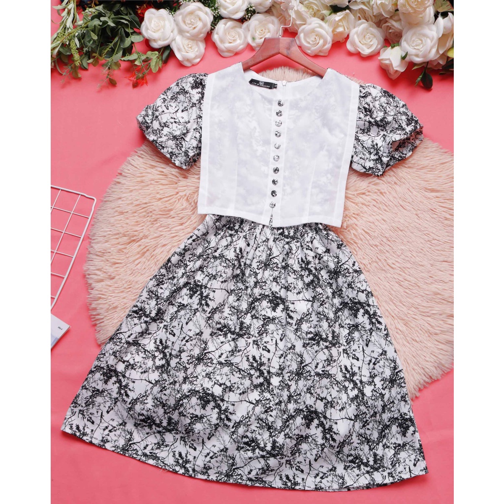 Đầm dự tiệc sang trọng thiết kế cao cấp dáng xòe tay phồng xinh đi tiệc đi chơi họa tiết đen trắng – Thời trang Lux W