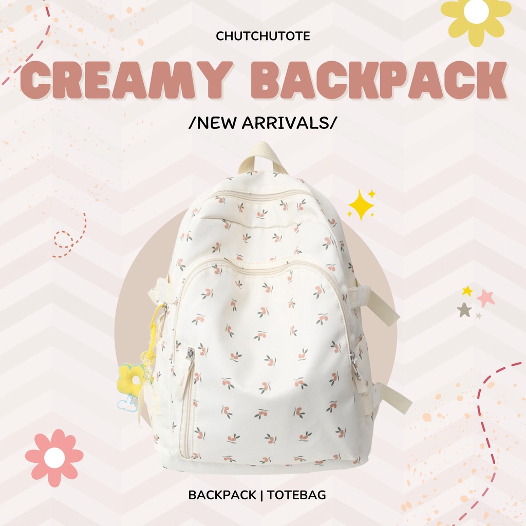 BL219/ Balo creamy đáng yêu chất vải oxford trơn có nhiều ngăn tiện lợi đi học đi chơi dễ thương