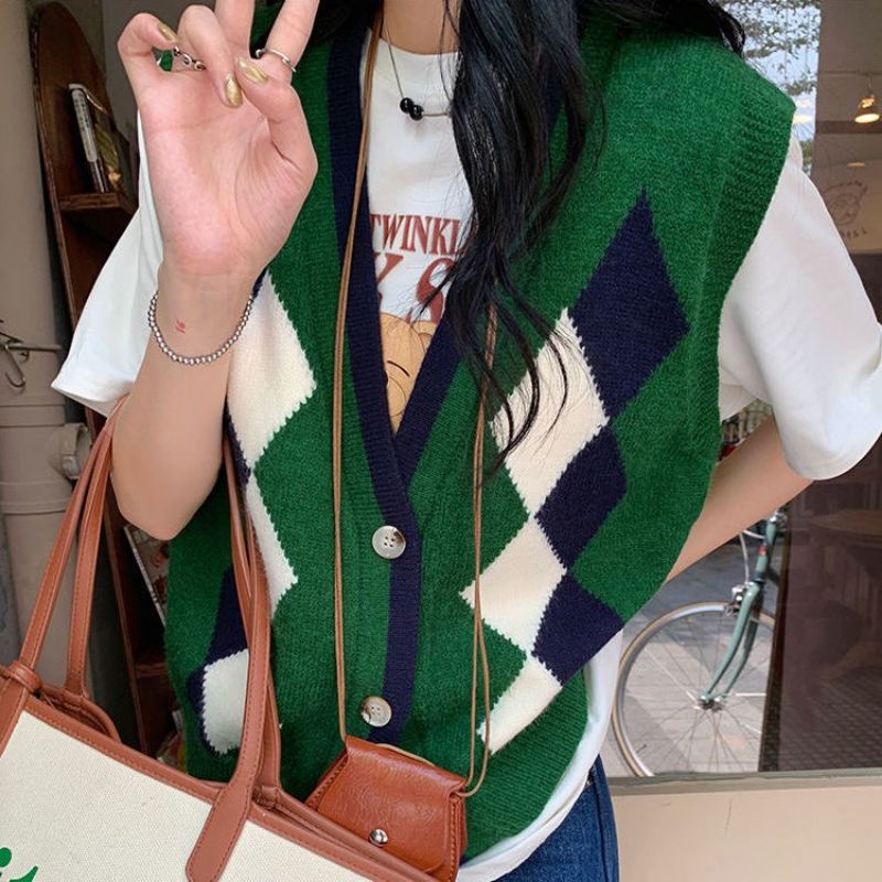 Áo gile caro cài khuy hai màu trẻ trung năng động