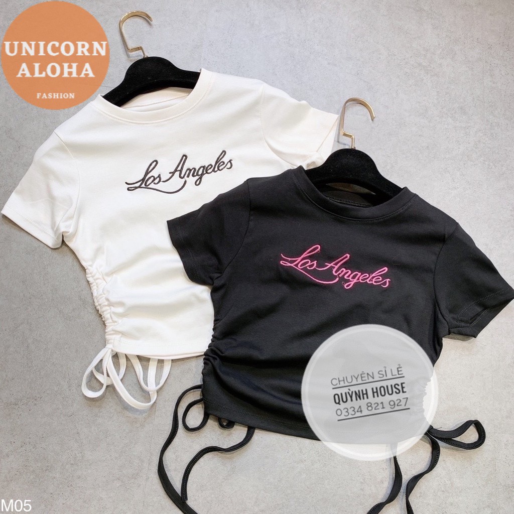 Áo Croptop Tay Ngắn Thun Ôm  Body Thể Thao Dây Rút 2 Bên Trắng / Đen Thêu Chữ Los Angles ACR003 Mys Aloha Kill System | BigBuy360 - bigbuy360.vn
