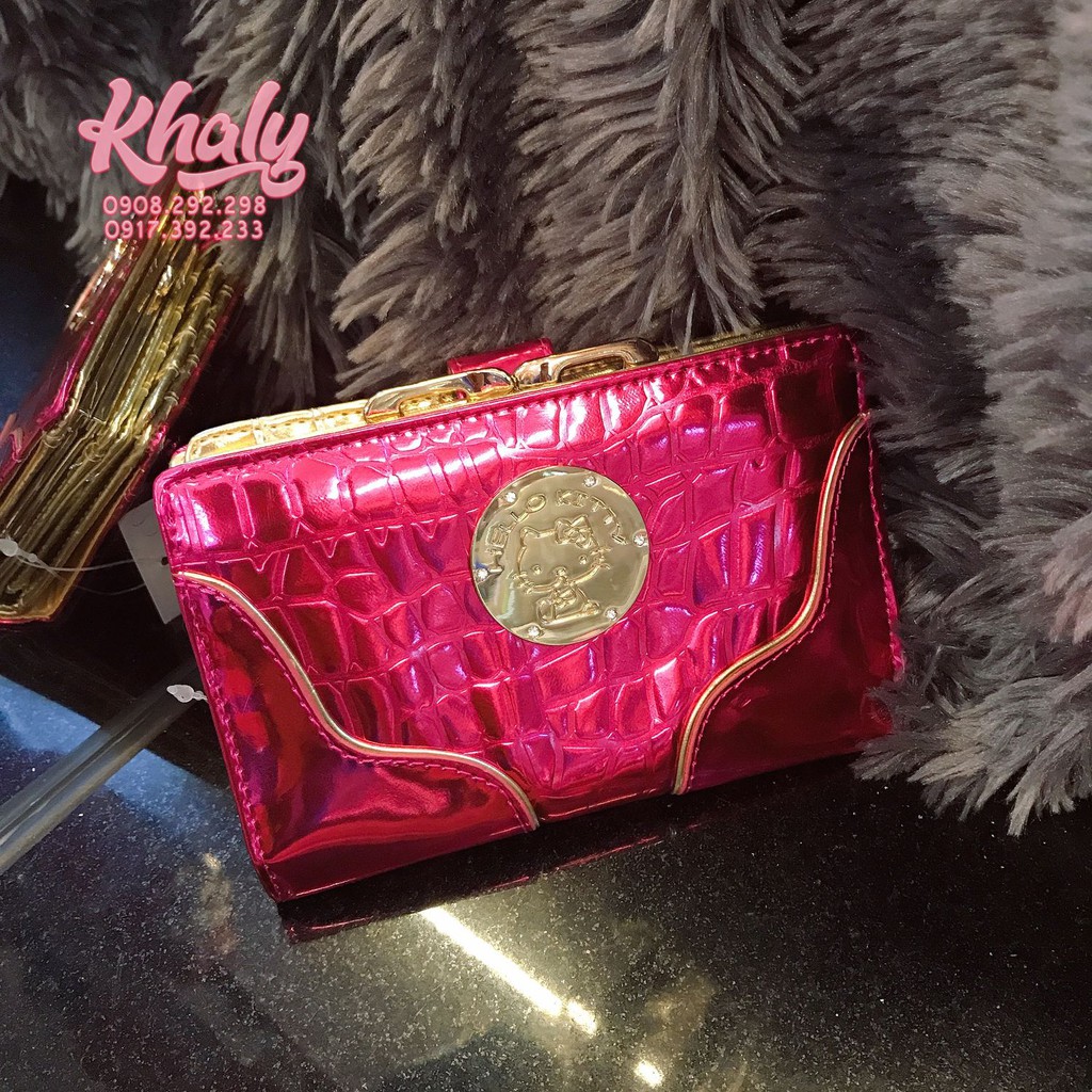 Bóp ví tiền cầm tay nút bật da bóng Hello Kitty vân cá sấu nhiều ngăn size vừa màu hồng đậm cho nữ và các bạn gái