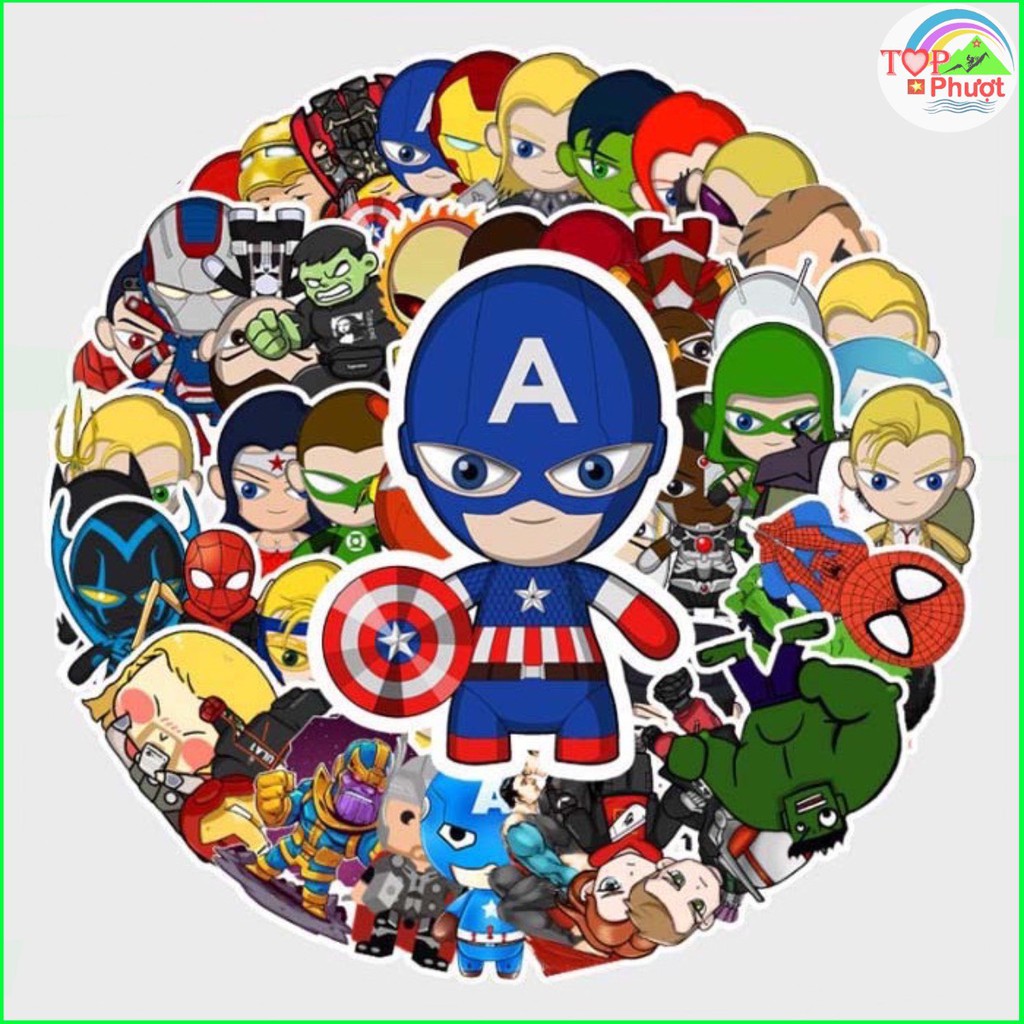 [Set 50 Cái] Sticker cute dán trang trí laptop, mũ nón bảo hiểm, vali, xe ga, ván trượt - Siêu Anh Hùng M045
