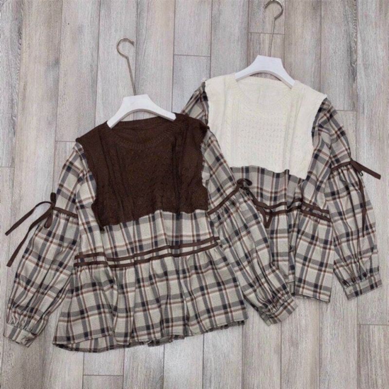 Áo babydoll caro phối len