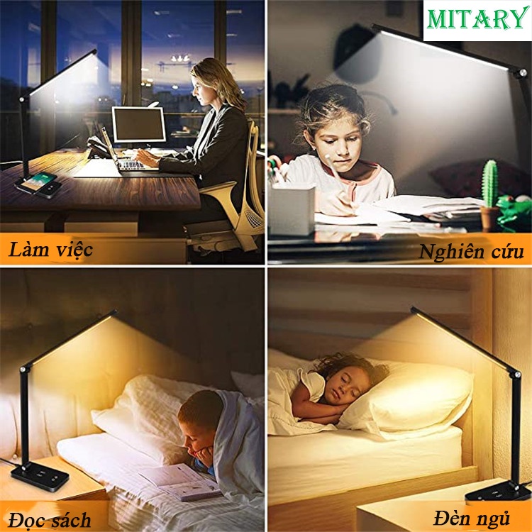 Đèn học để bàn đèn học chống cận Tích Điện, Sạc Điện Thoại Không Dây 10W, Cảm Ứng Điều Chỉnh Ánh Sáng Có Thể