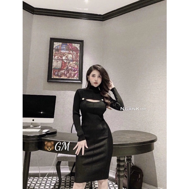 Váy len body dài tay khoét ngực siêu hot chất len dày đẹp không xù lông ko bai nhão lên dáng bao đỉnh cho chị em