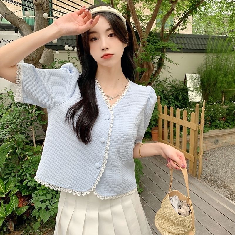 Áo Kiểu Cổ Chữ V Tay Ngắn Thời Trang Xuân Hè Phong Cách Pháp 2022 Mới Cho Nữ