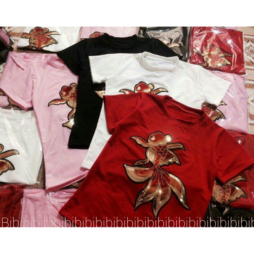 Áo thun thêu cá chép lấp lánh kiêu sa