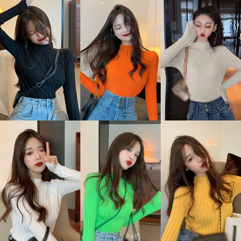Áo Sweater Dệt Kim Tay Dài Cổ Lọ Màu Sắc Đơn Giản Phong Cách Hàn Quốc Cho Nữ