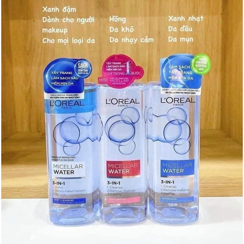 Nước tẩy trang Loreal 400ml 3-in-1 Micellar Water L'oreal Paris Xanh Đậm Sạch sâu - Xanh Nhạt - Hồng Dưỡng Ẩm