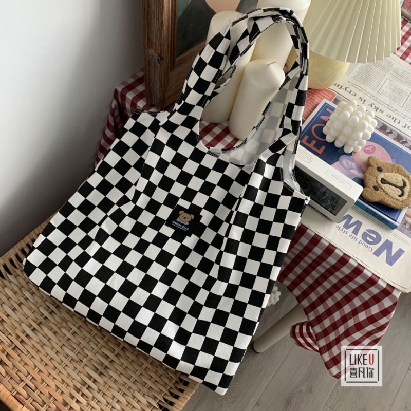 Túi tote đeo vai IELGY vải canvas họa tiết bò sữa/ caro đơn giản sức chứa lớn cho nữ