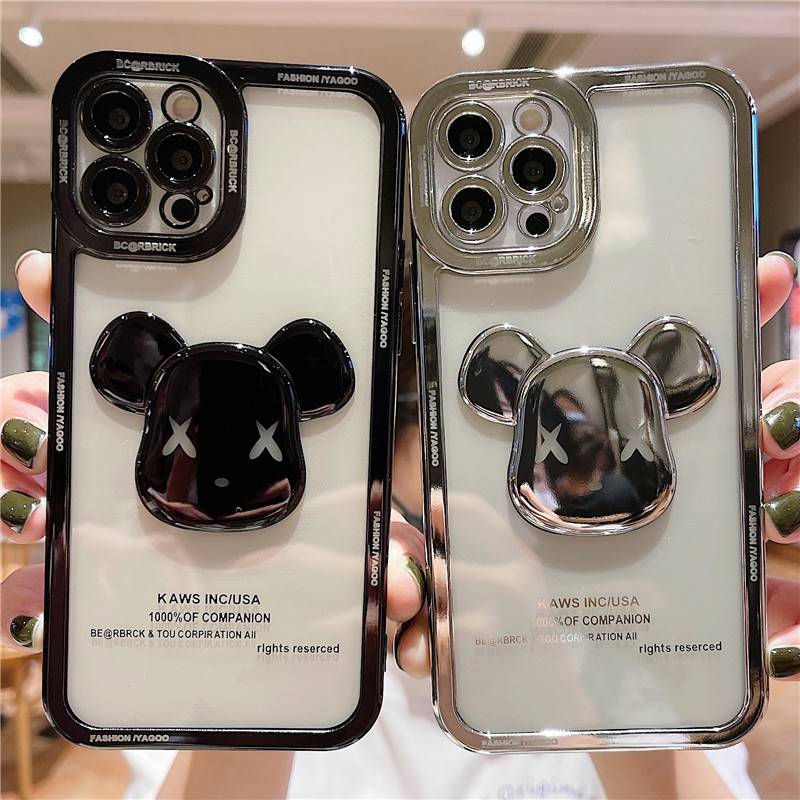 3D Bear Plating Straight Edge Design Frame Casing IPhone 13 12 Pro Max 11 Pro Max X XR XS Max 7 8 Plus SE2020 Shockproof Soft TPU Phone Cover