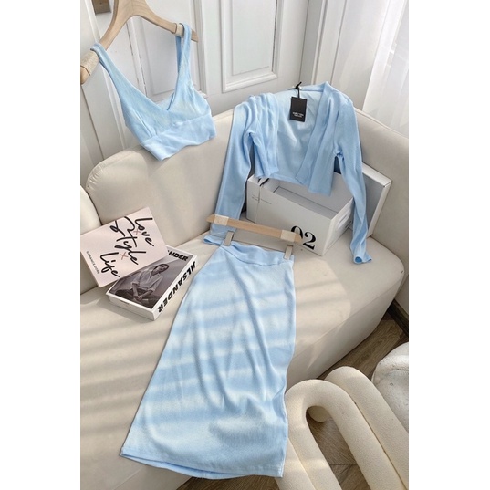 Set 3 món: khoác crop + crop 2s + chân váy midi